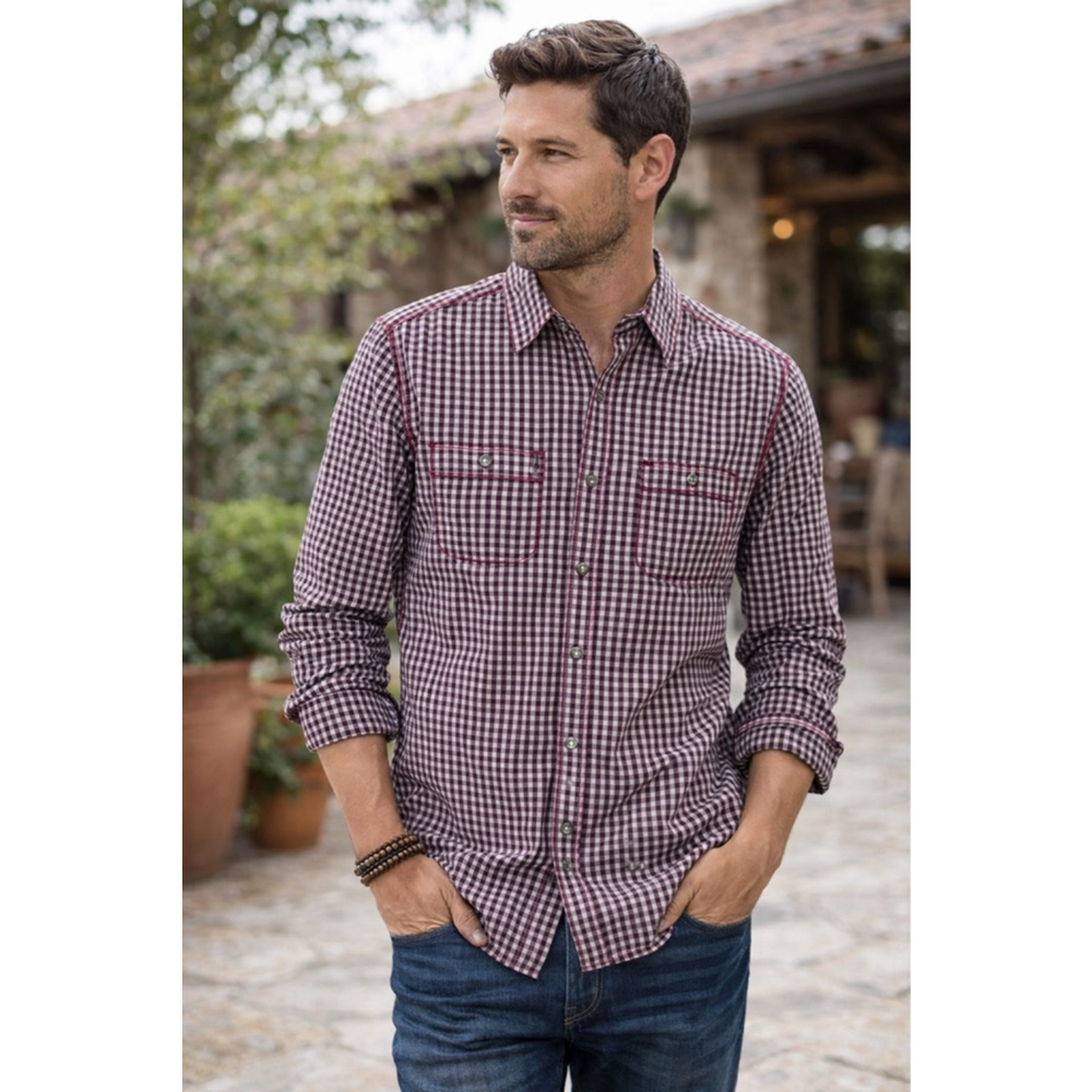Vintage Italia Burgundy Gingham Button Down Shirt Red Stitching Cotton Size S